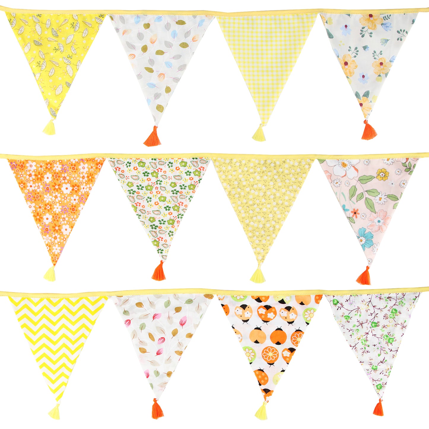 G2PLUS 10.8Ft Cotton Triangle Bunting Banner – 12pcs Yellow Floral Fabric Pennant Flag with Tassels, Double Side Triangle Banner Garland for Weddings, Birthdays, Garden & Baby Showers