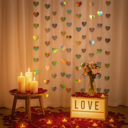 G2PLUS Iridescent Silver Heart Garlands: 12m Holographic Hanging Paper Streamers, Iridescent Party Decorations for Engagement, Wedding, Anniversary, Valentine's Day
