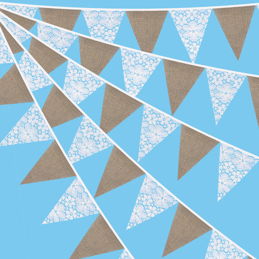 G2PLUS Hessian and Lace Bunting - 3.3M Rustic Wedding Bunting - 12PCS Vintage Lace Garland for Wedding Birthday Party Decoration