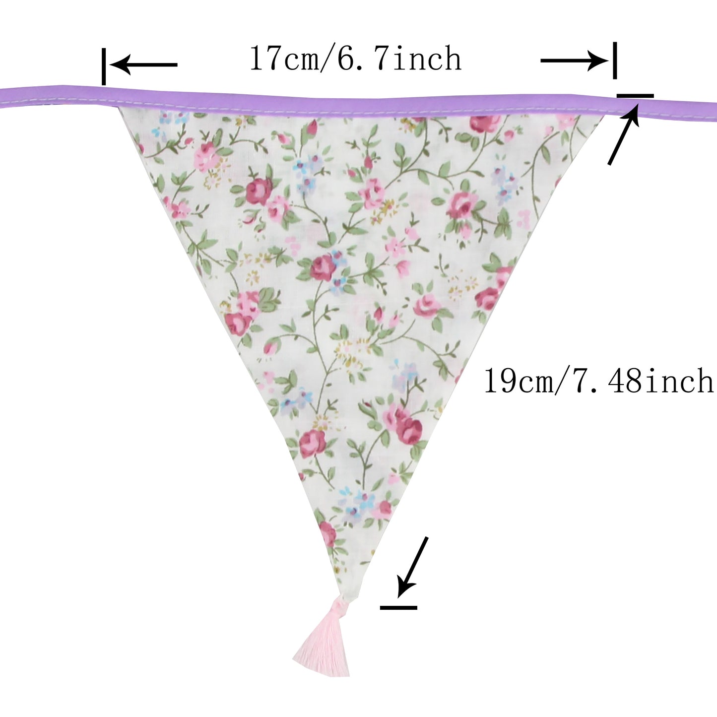 G2PLUS 10.8Ft Cotton Triangle Bunting Banner – 12pcs Purple Floral Fabric Pennant Flag with Tassels, Double Side Triangle Banner Garland for Weddings, Birthdays, Garden & Baby Showers