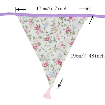 G2PLUS 10.8Ft Cotton Triangle Bunting Banner – 12pcs Purple Floral Fabric Pennant Flag with Tassels, Double Side Triangle Banner Garland for Weddings, Birthdays, Garden & Baby Showers