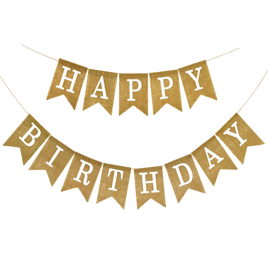 G2PLUS HAPPY BIRTHDAY Burlap Bunting Banner, Pre-strung Hessian Birthday Bunting Banner, Reusable Pentagon Burlap Birthday Banner, Brown Birthday Banner with White Letters for Birthday Party
