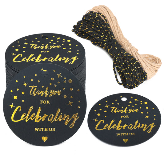 G2PLUS 50PCS Thank You for Celebrating with us Tags, Wedding Favor Tags with String, 5CM Black Gold Thank You Tags for Baby Shower, Wedding Favor Party Decor