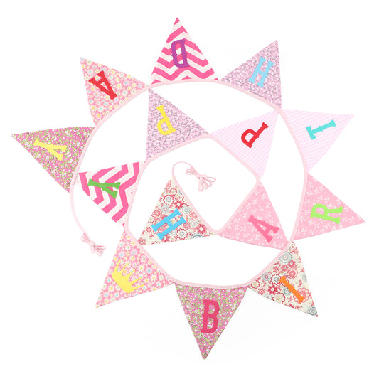 G2PLUS Happy Birthday Fabric Banner, 3.3M Double Sided Floral Triangle Bunting with 12PCS Floral Pennants for Brithday Party Bedroom Decorations