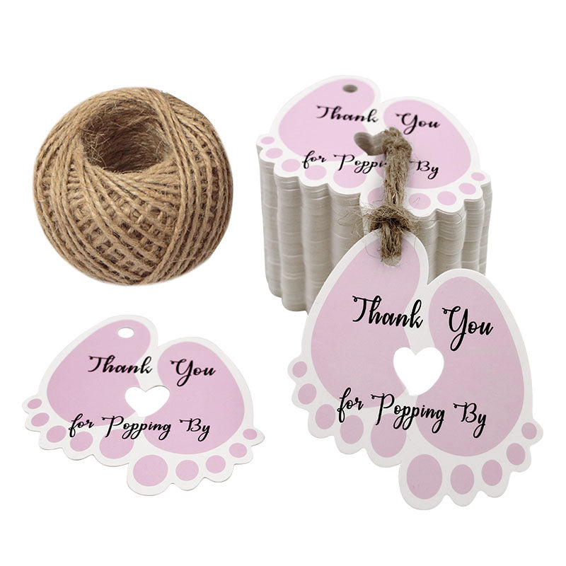 Original Design Thank You for Popping by,100 PCS Cute Baby Feet Thank You Tags with 100 Feet Natural Jute Twine Perfect for Baby Shower Favor (Pink) - G2plus