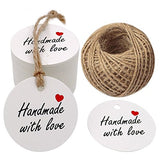 100 PCS Kraft Gift Tags 5 cm * 5 cm"Hand Made with Love" Label Birthday Luggage Round Tags Paper Wedding Labels Brown Hang Tag with 30 Meters Jute Twine (White) - G2plus