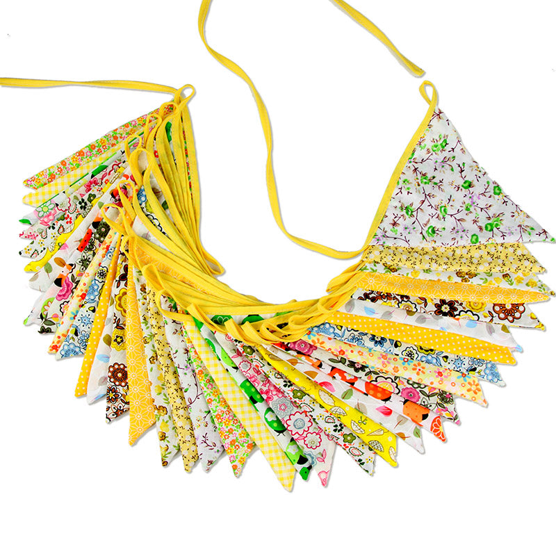 G2PLUS Large Fabric Bunting Banner, 32.8 Feet Triangle Flag Garland 36PCS Floral Pennants, Double Sided Vintage Cloth Shabby Chic Decoration Wedding Birthday Parties (Yellow)