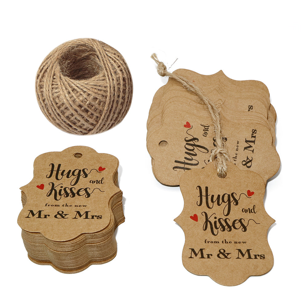 Original Design 100PCS Hug & Kisses from The New Mr & Mrs Gift Tags, Wedding Favor Gift Tags with 100 Feet Natural Jute Twine Perfect for Bridal Baby Shower Anniversary Decoration (Brown) - G2plus