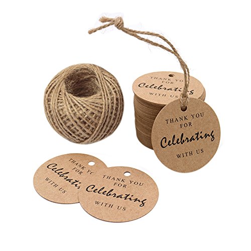 Thank You for Celebrating with Us,Original Design Paper Gift Tag, 100 PCS Kraft Tags with 100 Feet String for Wedding, Baby Shower, Party Favor (Brown) - G2plus
