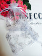 100 PCS 2.7’’ x 3.5’’ Organza Wedding Gift Bags Drawstring Jewelry Pouch Bags Silver White Snowflakes Printed Sheer Party Favor Bags - G2plus