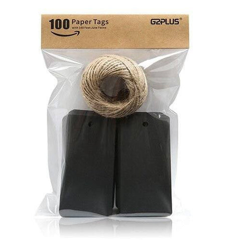 Black Gift Tags, G2PLUS 100 PCS Paper Gift Tag with 100 Feet Jute Twine String, Rectangle Christmas Gift Tags 3.5’’ x 1.7’’ (Black) - G2plus
