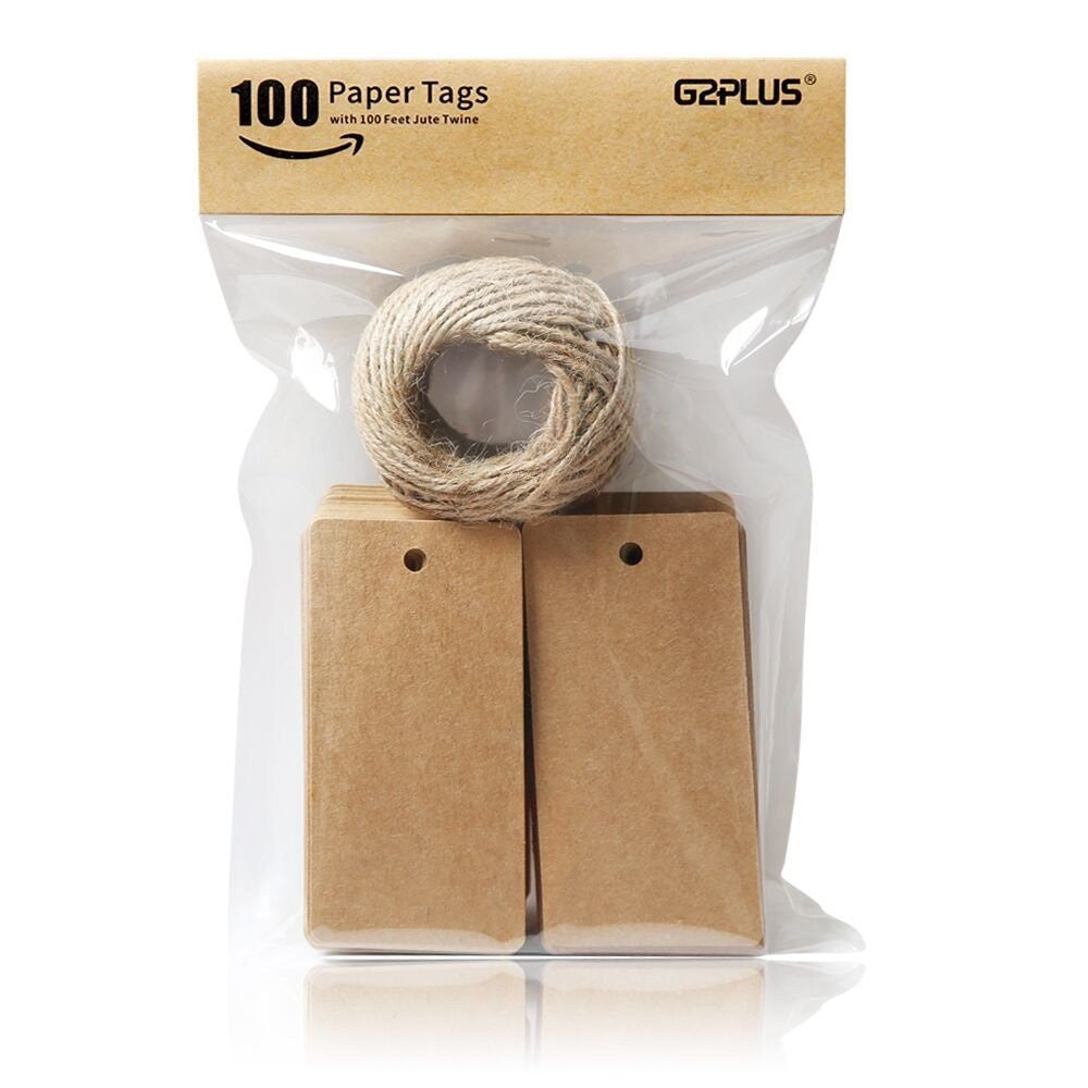 Brown Gift Tags, G2PLUS 100 PCS Kraft Paper Gift Tag with 100 Feet Jute Twine String, Rectangle Christmas Gift Tags 3.5’’ x 1.7’’ (Brown) - G2plus