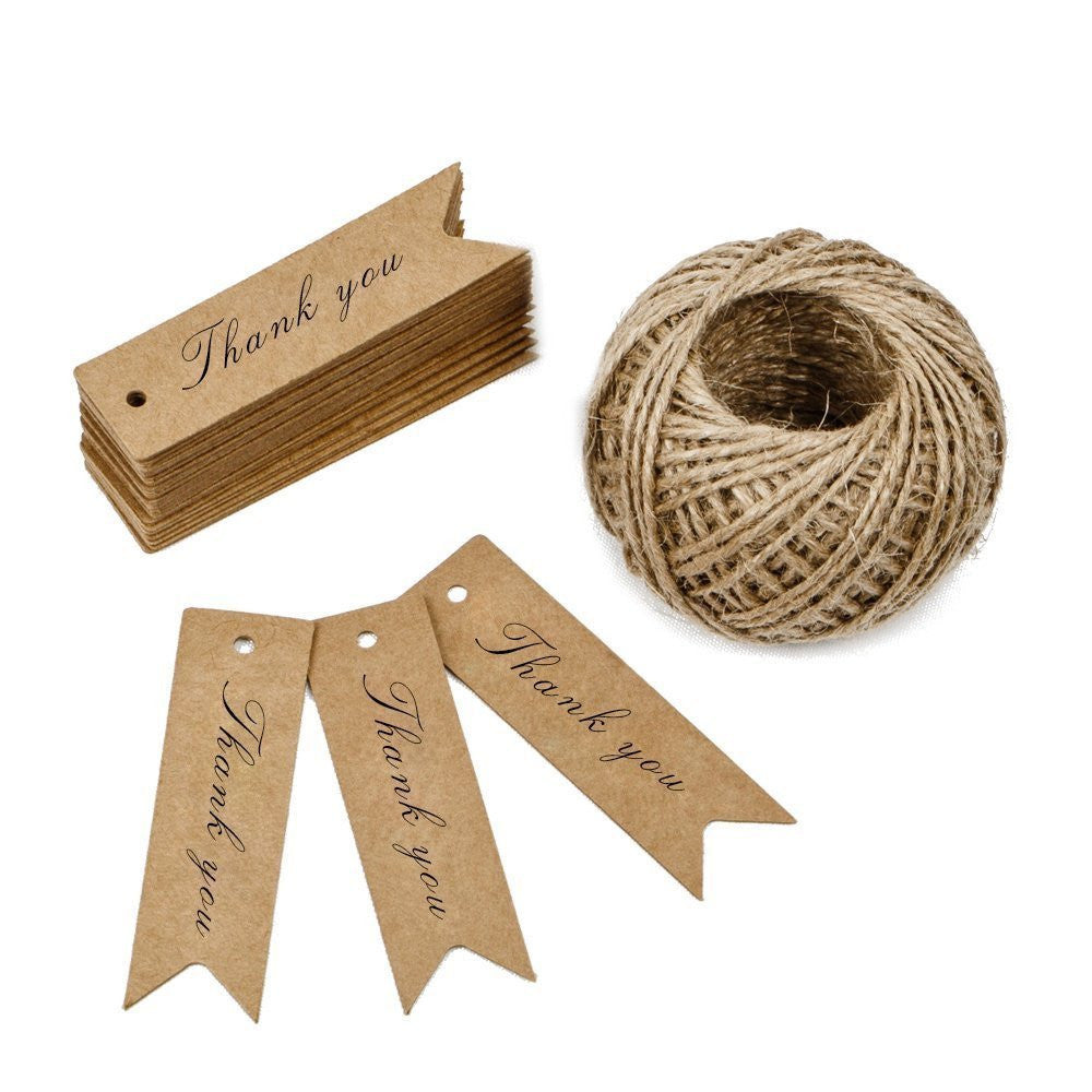 Thank You Tags, G2PLUS 100 PCS ‘Thank you’ Printed Christmas Tags, Kraft Hang Tags for Wedding Favors Paper Gift Tags with 100 Feet Jute Twine, Mini Tags with String (Brown) - G2plus