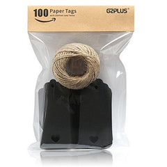 Black Gift Tags, G2PLUS 100 PCS Paper Gift Tags with String, Hollow Heart Wedding Favor Tags 4cm x 9cm with 100 Feet Jute Twine (Black) - G2plus
