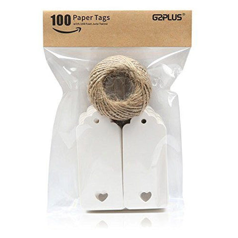 100 PCS Kraft Paper Gift Tags Hollow Heart Wedding Favor Tags 4cm x 9cm with 100 Feet Jute Twine(White) - G2plus