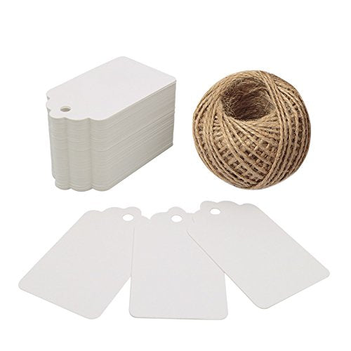 White Gift Tags,100PCS Paper Tags with 100 Feet Jute String for Arts and Crafts, Wedding Christmas Day Thanksgiving,7 cm X 4 cm - G2plus