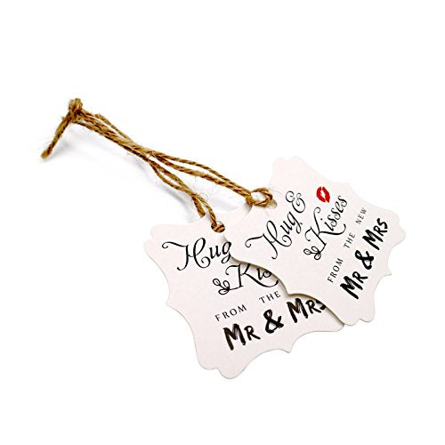 Original Design Wedding Favor Gift Tags, 100 PCS White Square Tags with 100 Feet Natural Jute Twine Perfect for Bridal Baby Shower Anniversary- Hug & Kisses from the New Mr & Mrs - G2plus