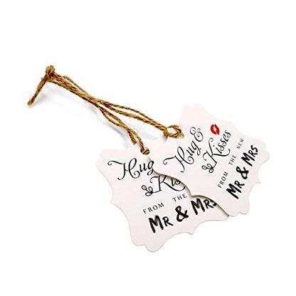 Original Design Wedding Favor Gift Tags, 100 PCS White Square Tags with 100 Feet Natural Jute Twine Perfect for Bridal Baby Shower Anniversary- Hug & Kisses from the New Mr & Mrs - G2plus