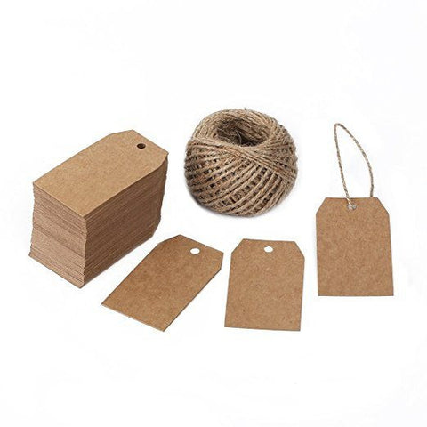G2PLUS 100 Pcs Kraft Paper Tags with String Craft Gift Tags Mini Size 7 cm x 2 cm Wedding Brown Hang Tags with 30 Meters Jute Twine (Brown)