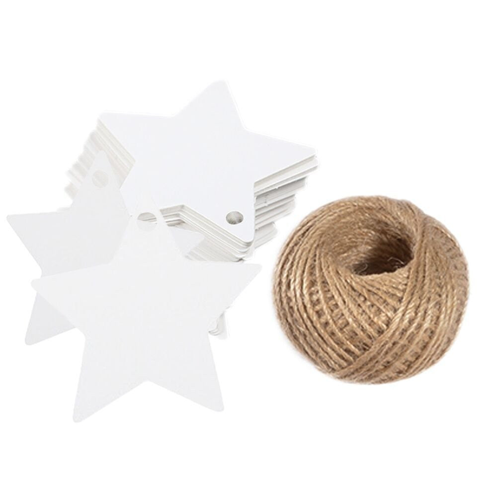 Star Gift Tags, G2PLUS 100 PCS Star Hang Tags with String, White Blank Gift Tag with 100 Feet Natural Jute Twine (White) - G2plus