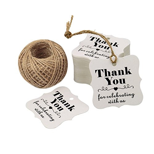 Original Design 100PCS Paper Gift Tags, Thank You for Celebrating with US, Square Thanks Label for Baby Shower, Bridal Wedding, Anniversary Celebration (White) - G2plus