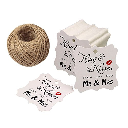 Original Design Wedding Favor Gift Tags, 100 PCS White Square Tags with 100 Feet Natural Jute Twine Perfect for Bridal Baby Shower Anniversary- Hug & Kisses from the New Mr & Mrs - G2plus