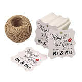 Original Design Wedding Favor Gift Tags, 100 PCS White Square Tags with 100 Feet Natural Jute Twine Perfect for Bridal Baby Shower Anniversary- Hug & Kisses from the New Mr & Mrs - G2plus
