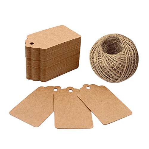 Price Tags, Kraft Paper Gift Tags 100 PCS Paper Tags with 100 Feet Jute String for Arts and Crafts, Wedding Christmas Day Thanksgiving,7 cm X 4 cm - G2plus