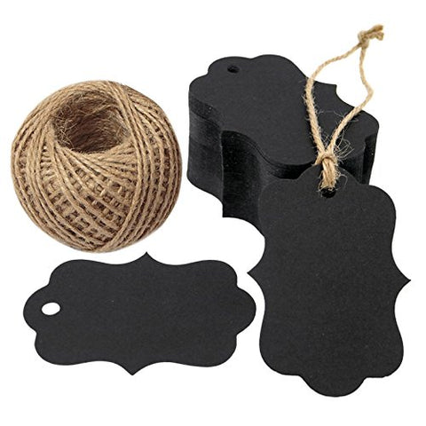 100 PCS Black Paper Gift Tags with String, 2.75''x 1.97'' Kraft Hang Tags with 100 Feet Jute Twine (Black) - G2plus