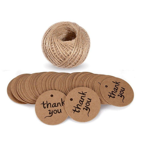 Thank You Tags with String, G2PLUS 100 PCS Kraft Paper Gift Tags, Brown Christmas tags, Party Favor Hang Tags with 100 Feet Natural Jute Twine for Craft Projects - G2plus