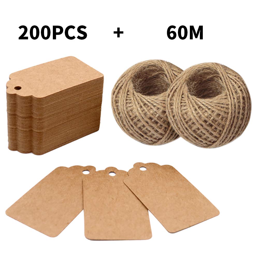 200PCS 7cm X 4cm Kraft Paper Gift Tags with 60M Jute String for Arts and Crafts, Wedding Christmas Day Thanksgiving - G2plus