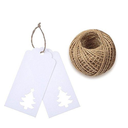 100 PCS White Paper Hollow Christmas Tree Gift Tags with String, Party Favor Tags, Blank Hang Tags with 100 Feet Natural Jute Twine for Craft Projects, Bonbonniere, Xmas Gifts (White) - G2plus