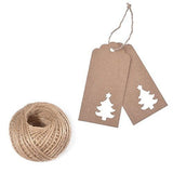 100 PCS Kraft Paper Hollow Christmas Tree Gift Tags with String, Brown Favor Hang Tags, Vintage Tags with 100 Feet Natural Jute Twine for Craft Projects, Bonbonniere, Xmas Gifts (Brown) - G2plus