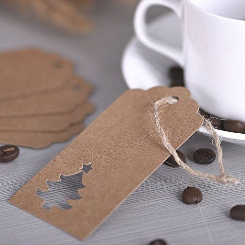 100 PCS Kraft Paper Hollow Christmas Tree Gift Tags with String, Brown Favor Hang Tags, Vintage Tags with 100 Feet Natural Jute Twine for Craft Projects, Bonbonniere, Xmas Gifts (Brown) - G2plus