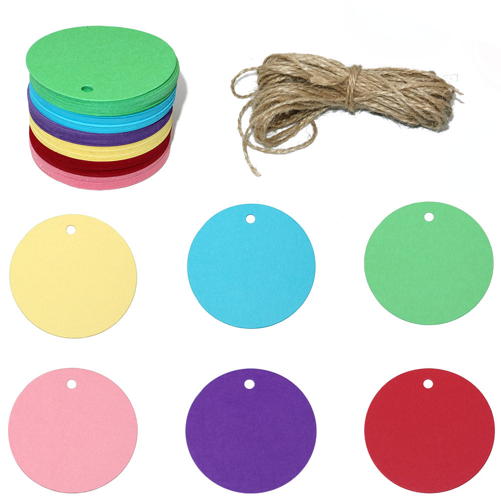 G2PLUS Colorful Round Gift Tags, 120 PCS Blank Paper Labels, 5.5 cm Blank Hang Tags with 30 Meters Jute Twine, Perfect Hang Tag for Art & Craft Project - G2plus