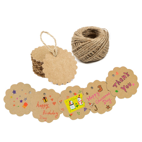 G2PLUS 100 PCS Kraft Gift Tags 6 cm * 6 cm Blank Label Paper Wedding Labels Birthday Luggage Tags Brown Hang Tag with 30 Meters Jute Twine (Round) - G2plus