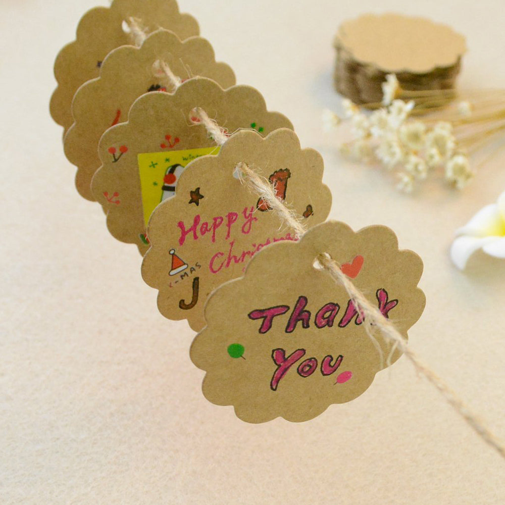G2PLUS 100 PCS Kraft Gift Tags 6 cm * 6 cm Blank Label Paper Wedding Labels Birthday Luggage Tags Brown Hang Tag with 30 Meters Jute Twine (Round) - G2plus