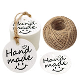 100 PCS"Hand Made" Small Label, 5 cm * 5 cm Kraft Gift Tags, Hang Round Tags with 30 Meters Jute Twine (White) - G2plus