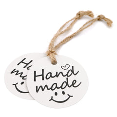 100 PCS"Hand Made" Small Label, 5 cm * 5 cm Kraft Gift Tags, Hang Round Tags with 30 Meters Jute Twine (White) - G2plus