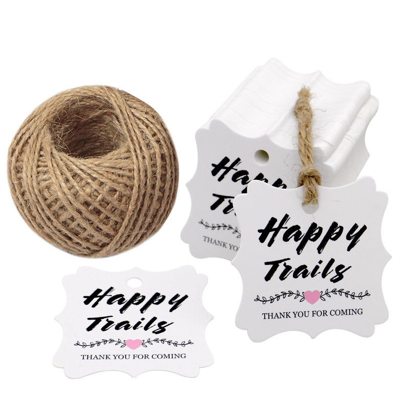 Original Design Wedding Tags, Happy Trails 100 PCS White Square Tags with 100 Feet Natural Jute Twine Perfect for Bridal Baby Shower Anniversary - G2plus