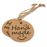 100 PCS"Hand Made" Small Label, 5 cm * 5 cm Kraft Gift Tags, Hang Round Tags with 30 Meters Jute Twine (Brown) - G2plus