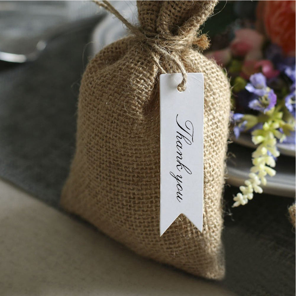 100 PCS Kraft Gift Tags Small Size 7 cm * 2 cm Blank Label Paper Wedding Labels Birthday Luggage Tags Brown Hang Tag with 30 Meters Jute Twine (Thank You -White) - G2plus
