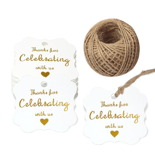 High-end Carbon Gold Thanks for Celebrating with Us Gift Tags with 100 Feet Natural String for Baby Shower, Bridal Wedding, Anniversary Celebration - G2plus
