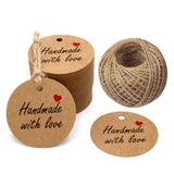 100 PCS Kraft Gift Tags 5 cm * 5 cm"Hand Made with Love" Label Birthday Luggage Round Tags Paper Wedding Labels Brown Hang Tag with 30 Meters Jute Twine (Brown) - G2plus